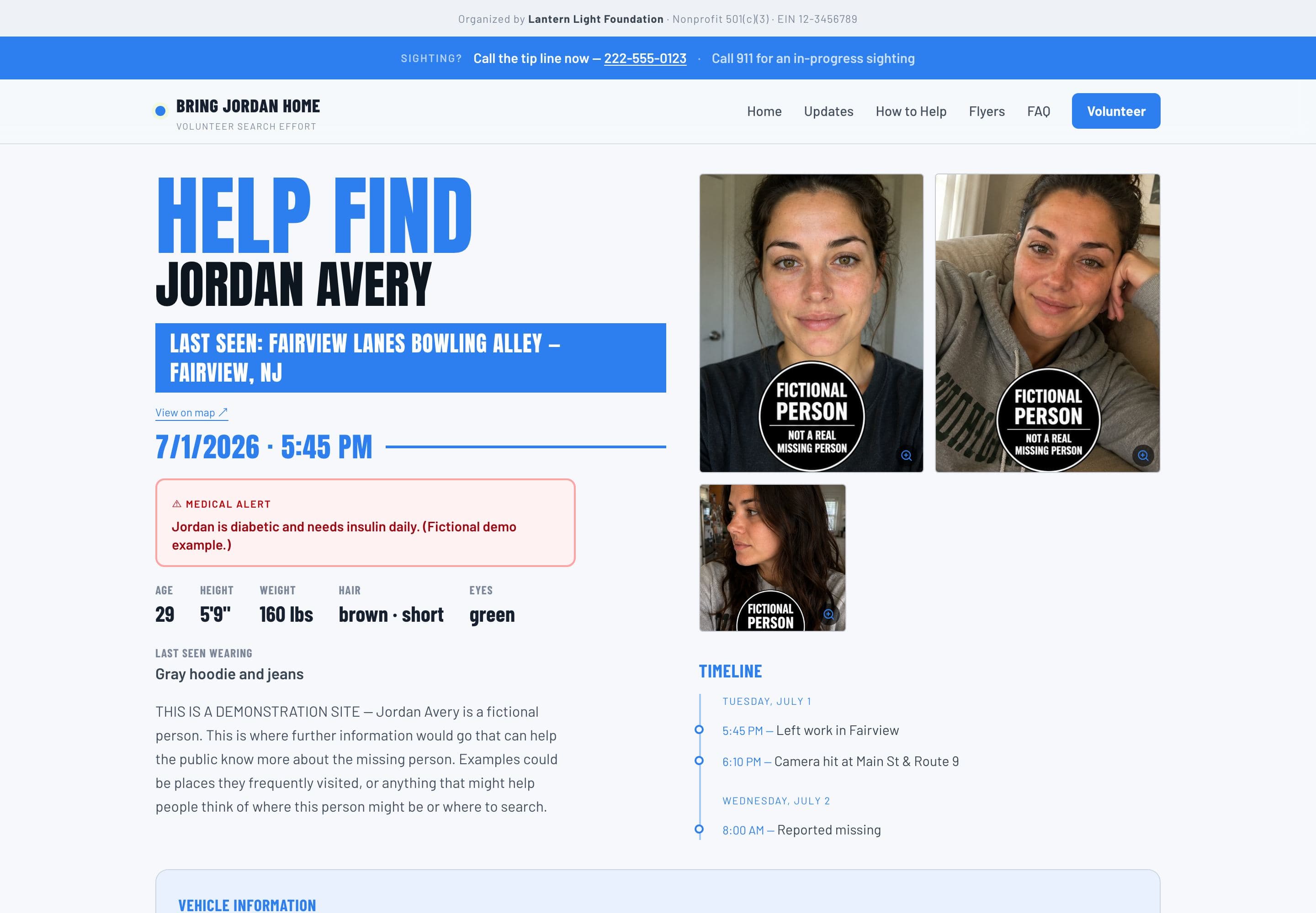 A FINDTHEM case site: missing-person information, an official tip line, photos, and a timeline — shown with fictional demonstration data